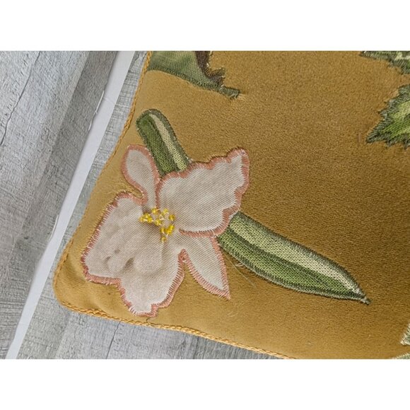Vintage Yellow Velvet Throw Pillow With Floral Embroidery & Gold Cord Accent - Picture 4 of 8